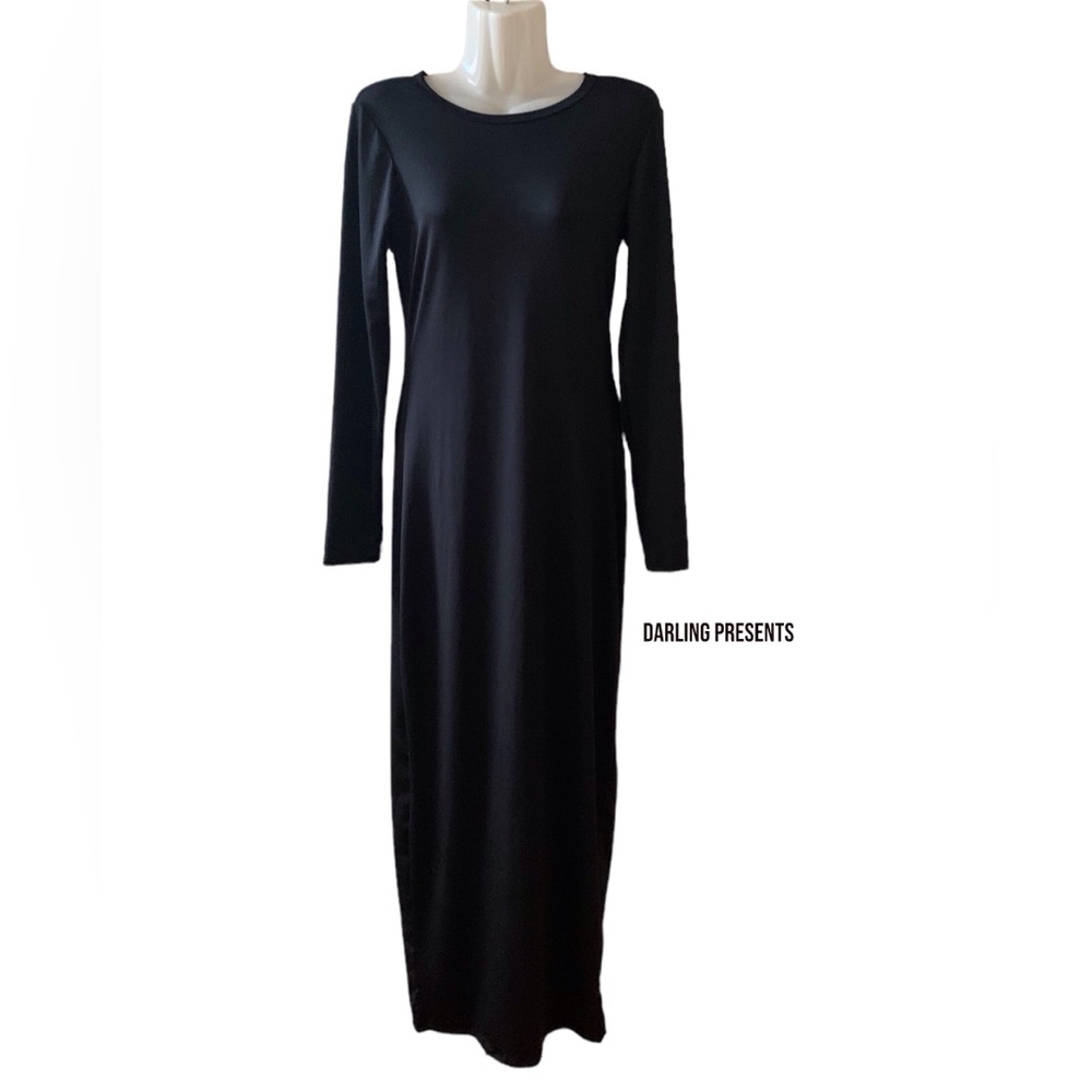 Long Sleeve Crew Neck Back Slit Dress Women Color Black Size M - Picture 2 of 6
